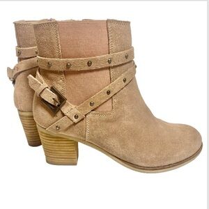 Women's Suede Harness Strap Studded Angle Boots Tan Block Heel Zip Western Sz 7